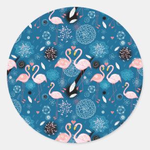 Cute flowers flamingos pattern classic round sticker