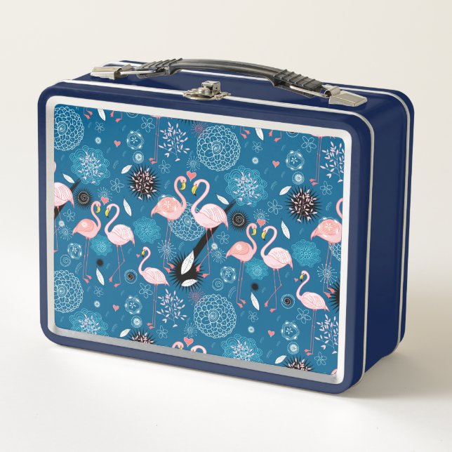 Cute flowers flamingos pattern metal lunch box (Front)