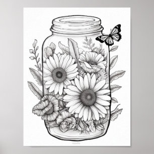 Cute Flowers In Jar Colouring Poster