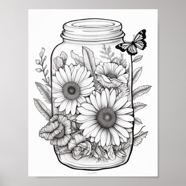 Cute Flowers In Jar Colouring Poster (Front)
