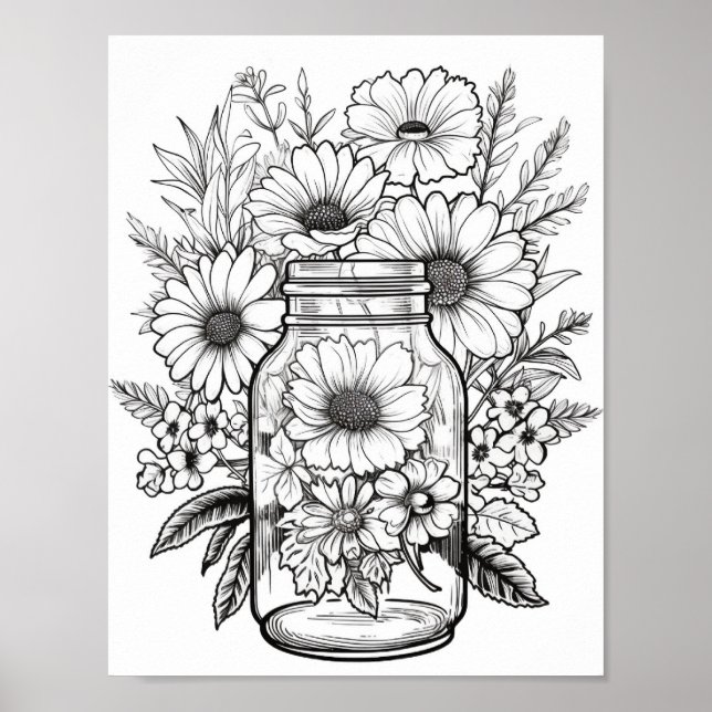Cute Flowers In Jar Colouring Poster (Front)