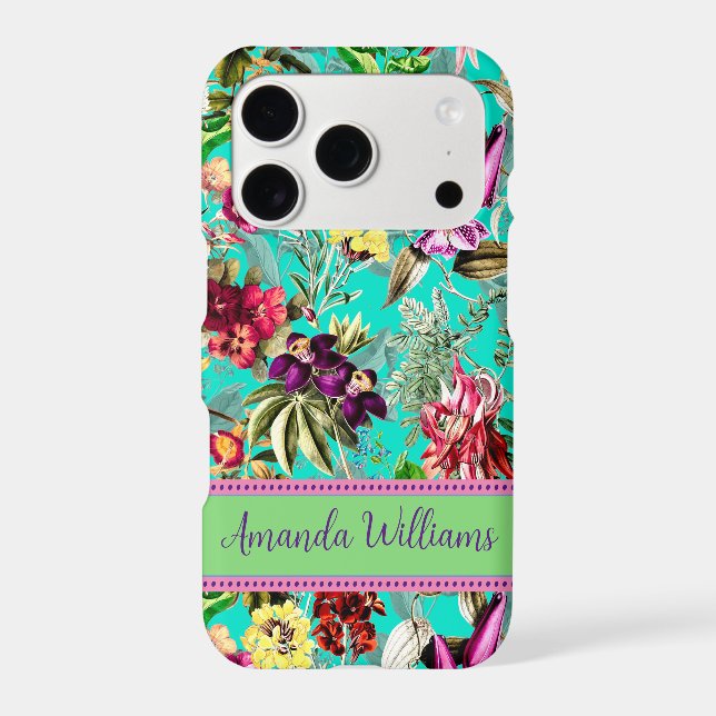 Cute flowers leaves aqua mint monogram pattern (Back)