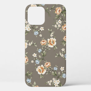 cute flowers with leaves pattern on grey backgroun iPhone 12 case