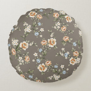 cute flowers with leaves pattern on grey backgroun round cushion