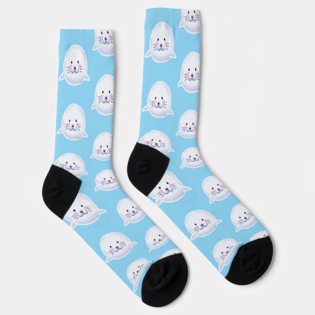 Cute Fluffy Baby Seal Illustration Socks (Right)