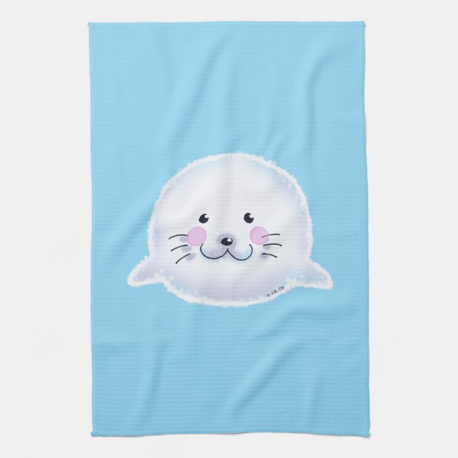 Cute Fluffy Baby Seal Illustration Tea Towel (Vertical)