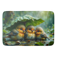 Cute fluffy birds hiding under leaf in rain