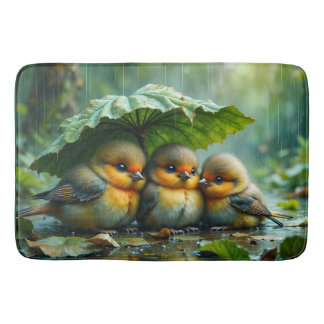 Cute fluffy birds hiding under leaf in rain bath mat