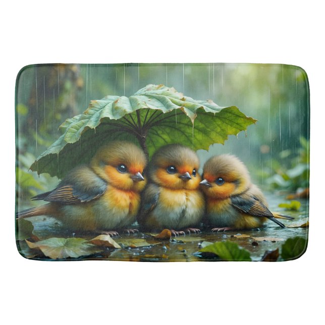 Cute fluffy birds hiding under leaf in rain bath mat (Front)