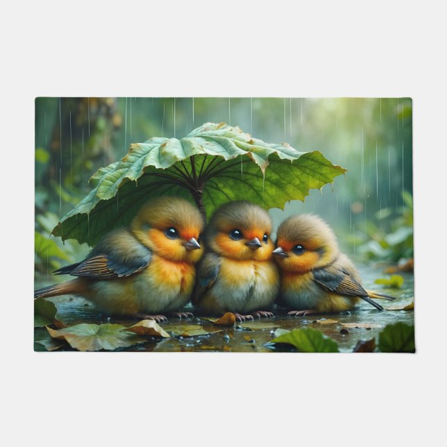 Cute fluffy birds hiding under leaf in rain doormat (Front)