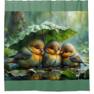Cute fluffy birds hiding under leaf in rain shower curtain