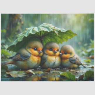 Cute fluffy birds hiding under leaf in rain tissue paper