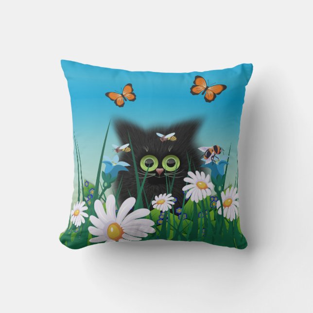Cute Fluffy Black Kitten and Daisies Art Cushion (Front)