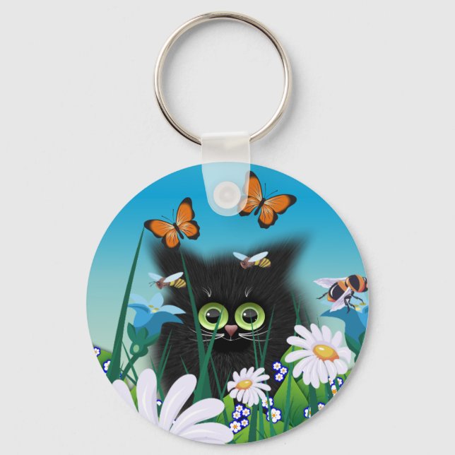 Cute Fluffy Black Kitten and Daisies Art Key Ring (Front)