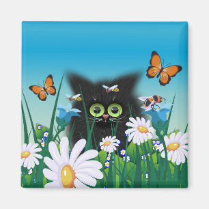 Cute Fluffy Black Kitten and Daisies Art Magnet