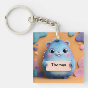 Cute Fluffy Blue Hamster Holding a Sign with Name Key Ring