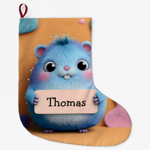 Cute Fluffy Blue Hamster Holding a Sign with Name Large Christmas Stocking