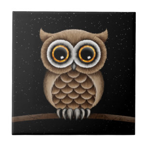 Cute Fluffy Brown Owl on a Branch with Stars Tile