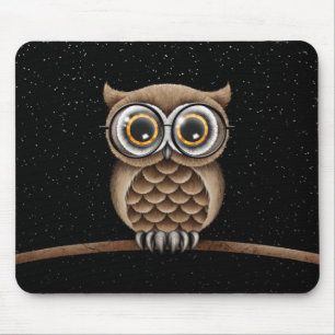 Cute Fluffy Brown Owl with Reading Glasses & Stars Mouse Pad