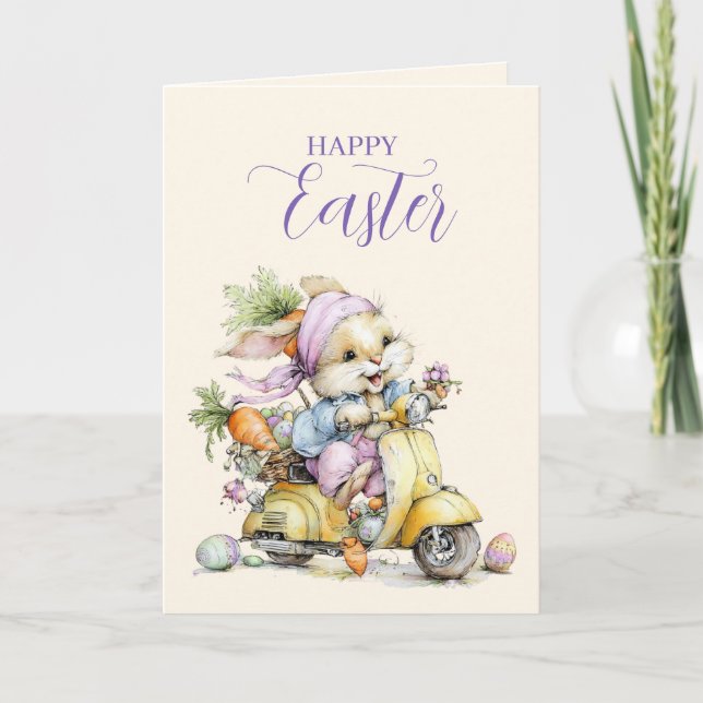 Cute Fluffy Bunny in a Scooter Happy Easter Card (Front)