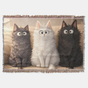 Cute Fluffy Cartoon Cats Grey White & Black Throw Blanket