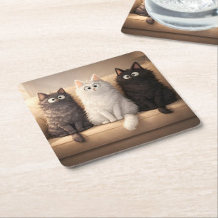 Cute Fluffy Cartoon Cats Whimsical Drink  Square Paper Coaster