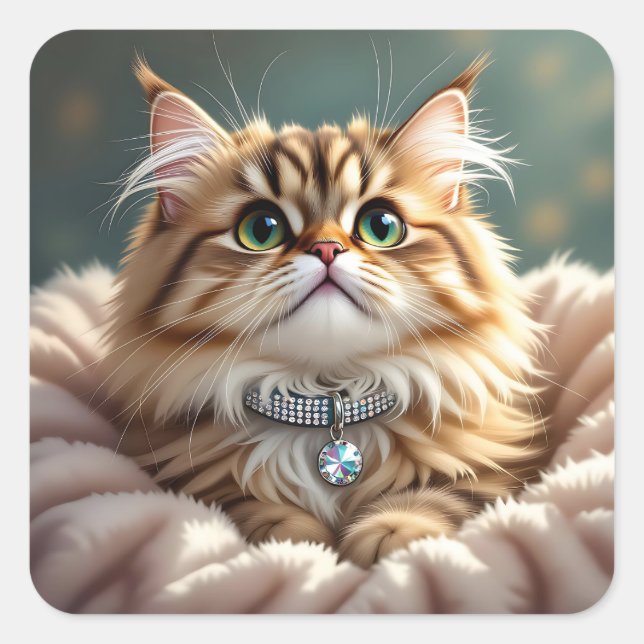 Cute Fluffy Cat | Blank Square Sticker (Front)