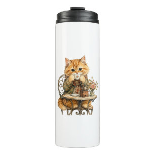 Cute Fluffy Cat Drinking Coffee Vintage Watercolor Thermal Tumbler