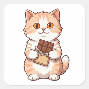 Cute Fluffy Cat Eating Chocolate Bar Cartoon Square Sticker