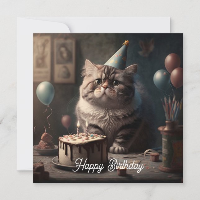 Cute fluffy cat with birthday cake and balloons card (Front)