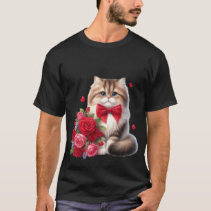 Cute Fluffy Cat with Red Roses Bouquet Art 🐱🌹 T-Shirt