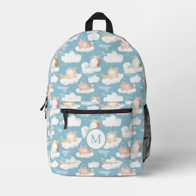 Cute Fluffy Cats Blue Printed Backpack (Front)