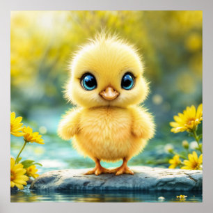 Cute fluffy chick with big eyes standing on a rock poster
