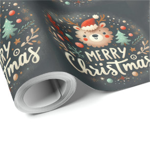 Cute fluffy Christmas bear wreath Wrapping Paper