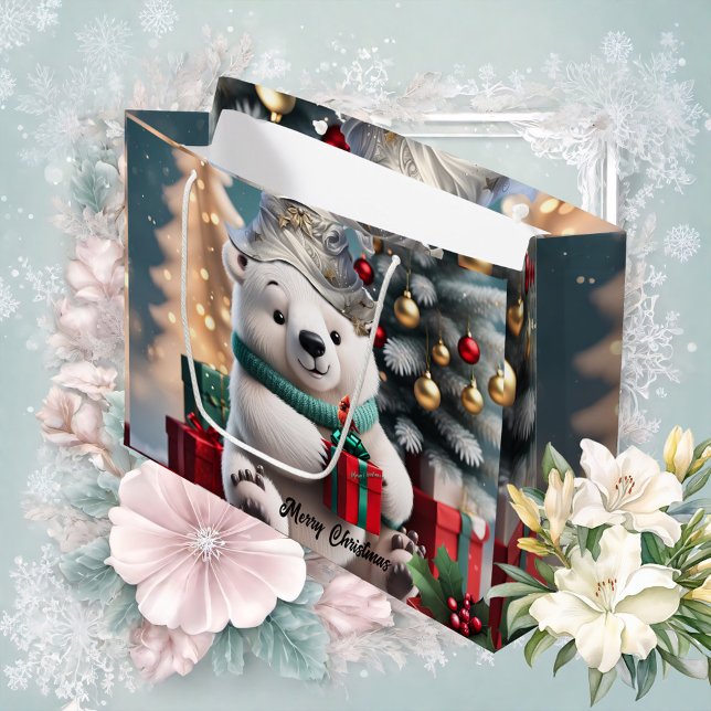 Cute fluffy christmas polar bear  with gift. large gift bag (Polar bear)