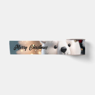Cute fluffy christmas polar bear with gift. satin ribbon