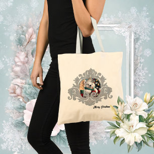 Cute fluffy christmas polar bear with gift. tote bag