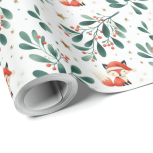 Cute fluffy Christmas Santa Fox wreath Wrapping Paper