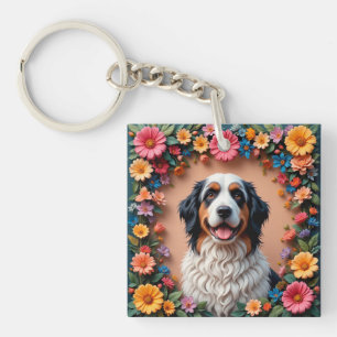 🐶 Cute Fluffy Dog Floral Portrait For Pet Lovers Key Ring
