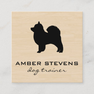 Cute Fluffy Dog Trainer (wood grain) Square Business Card