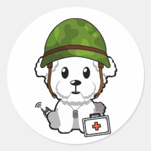 Cute Fluffy Dog Wearing army helmet Classic Round Sticker