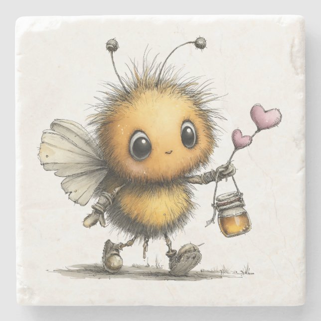 Cute Fluffy Fantasy Bee Stone Coaster (Front)