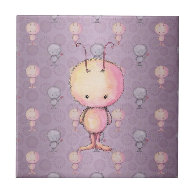 Cute Fluffy Fuzzy Monsters Ceramic Tile (Front)