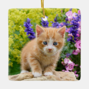 Cute Fluffy Ginger Baby Cat Kitten in Flowers Pet Ceramic Ornament
