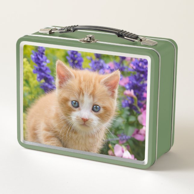 Cute Fluffy Ginger Baby Cat Kitten in Flowers Pet Metal Lunch Box (Front)