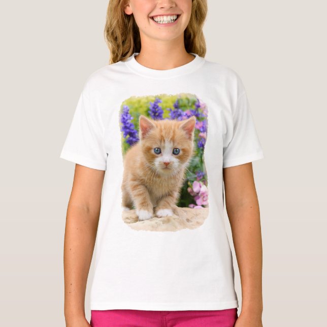 Cute Fluffy Ginger Baby Cat Kitten in Flowers Pet T-Shirt (Front)