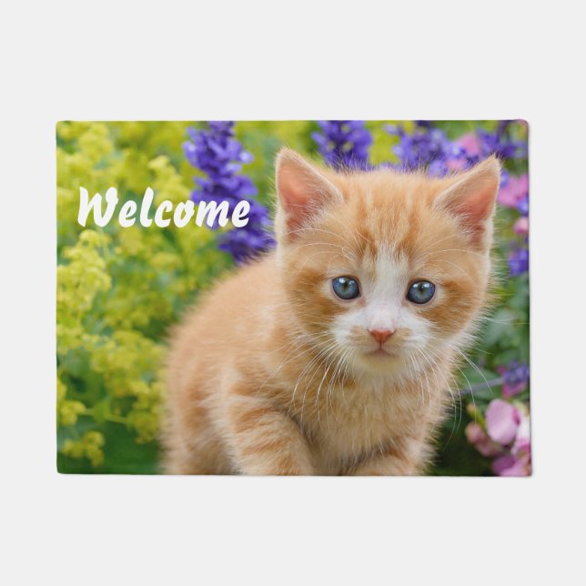 Cute Fluffy Ginger Cat Kitten in Flowers - Welcome Doormat (Front)