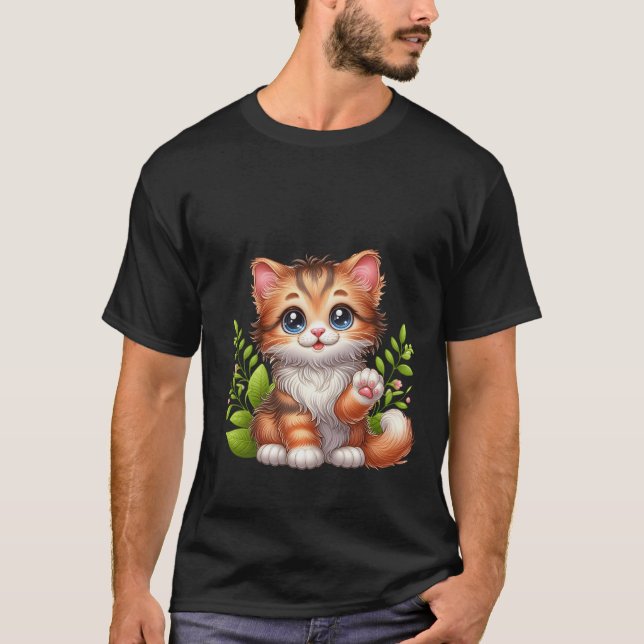 Cute Fluffy Ginger Cat Waving Hello Art ✨🐾🌿 T-Shirt (Front)