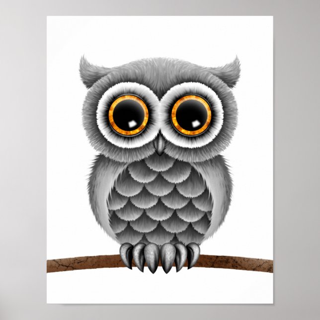 Cute Fluffy Gray Owl on a Branch, White Background Poster (Front)