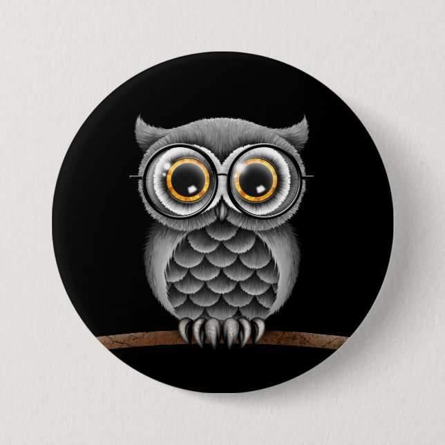 Cute Fluffy Grey Owl with Glasses, Black 7.5 Cm Round Badge (Front)
